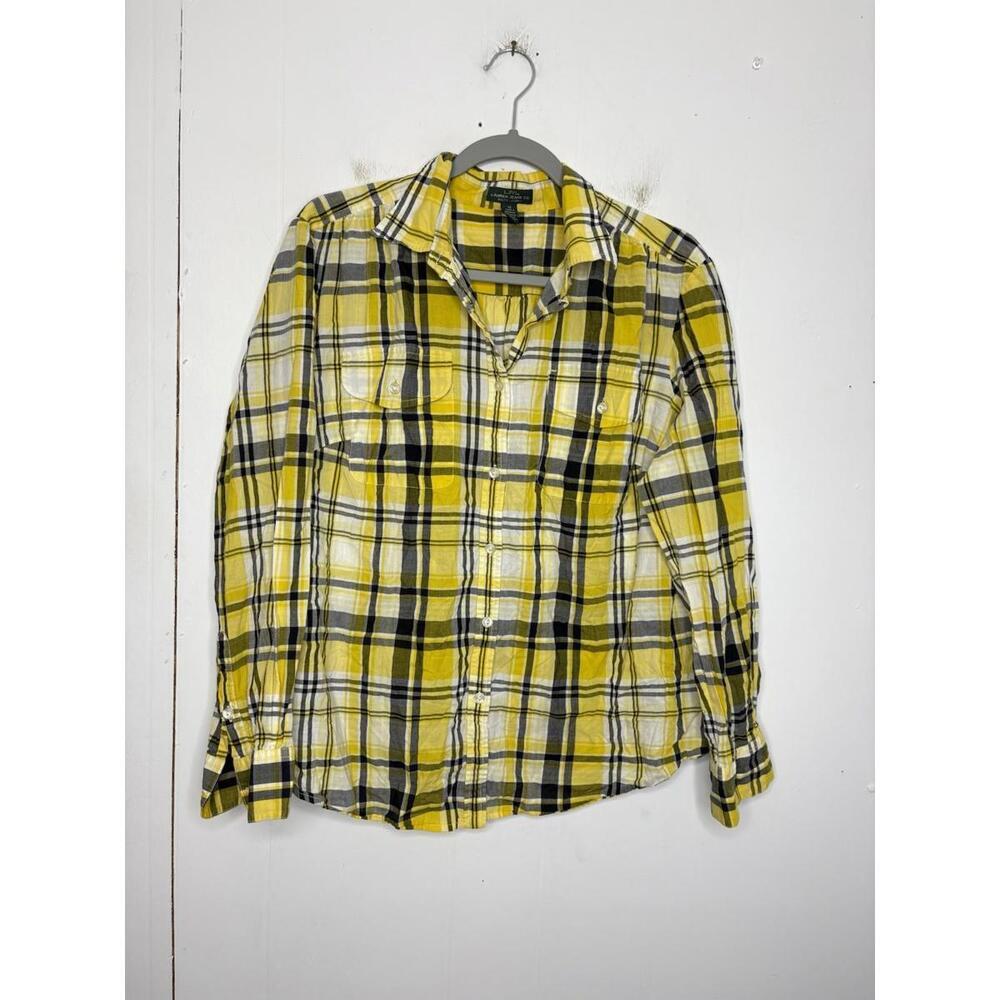 Lauren Ralph Lauren Shirt Womens 1X Gingham Plaid Yellow Navy Button Up Western